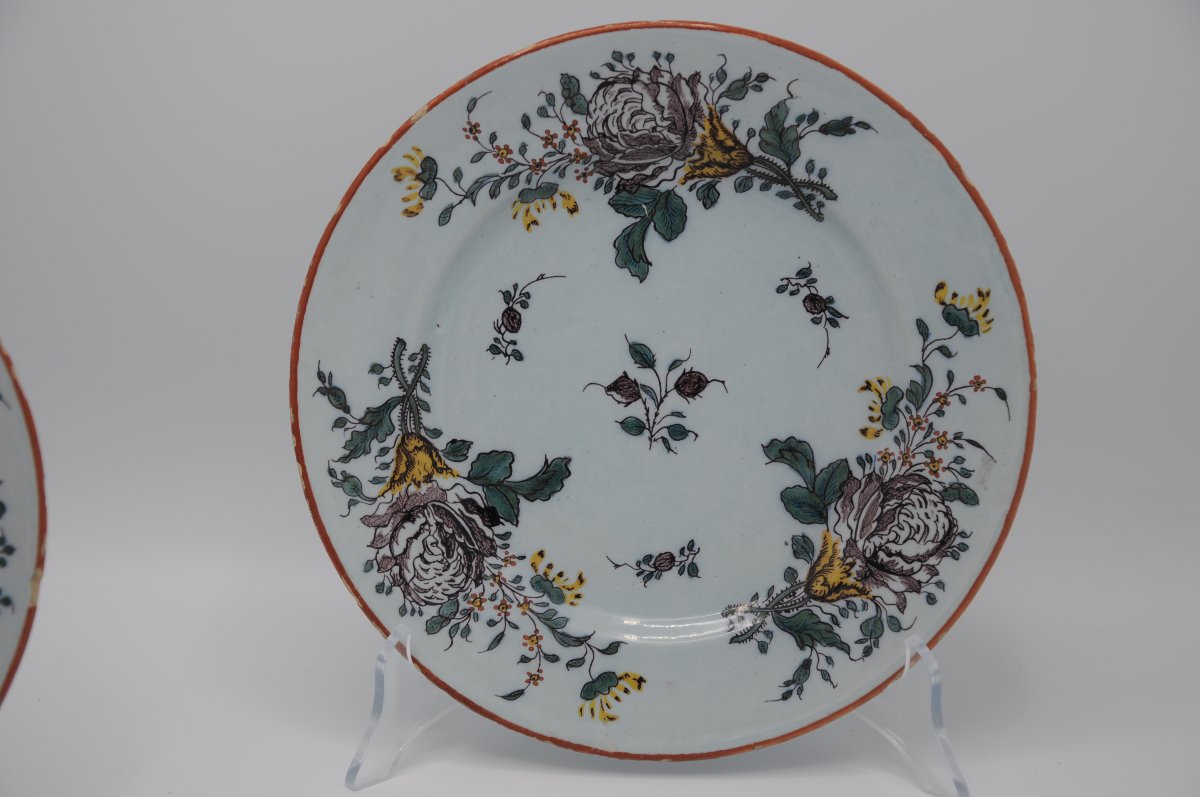 Set Of 4 Polychrome Delft Earthenware Plates With Floral Decoration, Mid-18th Century-photo-2