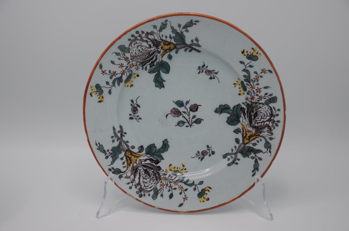 Set Of 4 Polychrome Delft Earthenware Plates With Floral Decoration, Mid-18th Century-photo-3
