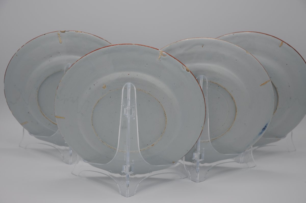 Set Of 4 Polychrome Delft Earthenware Plates With Floral Decoration, Mid-18th Century-photo-4