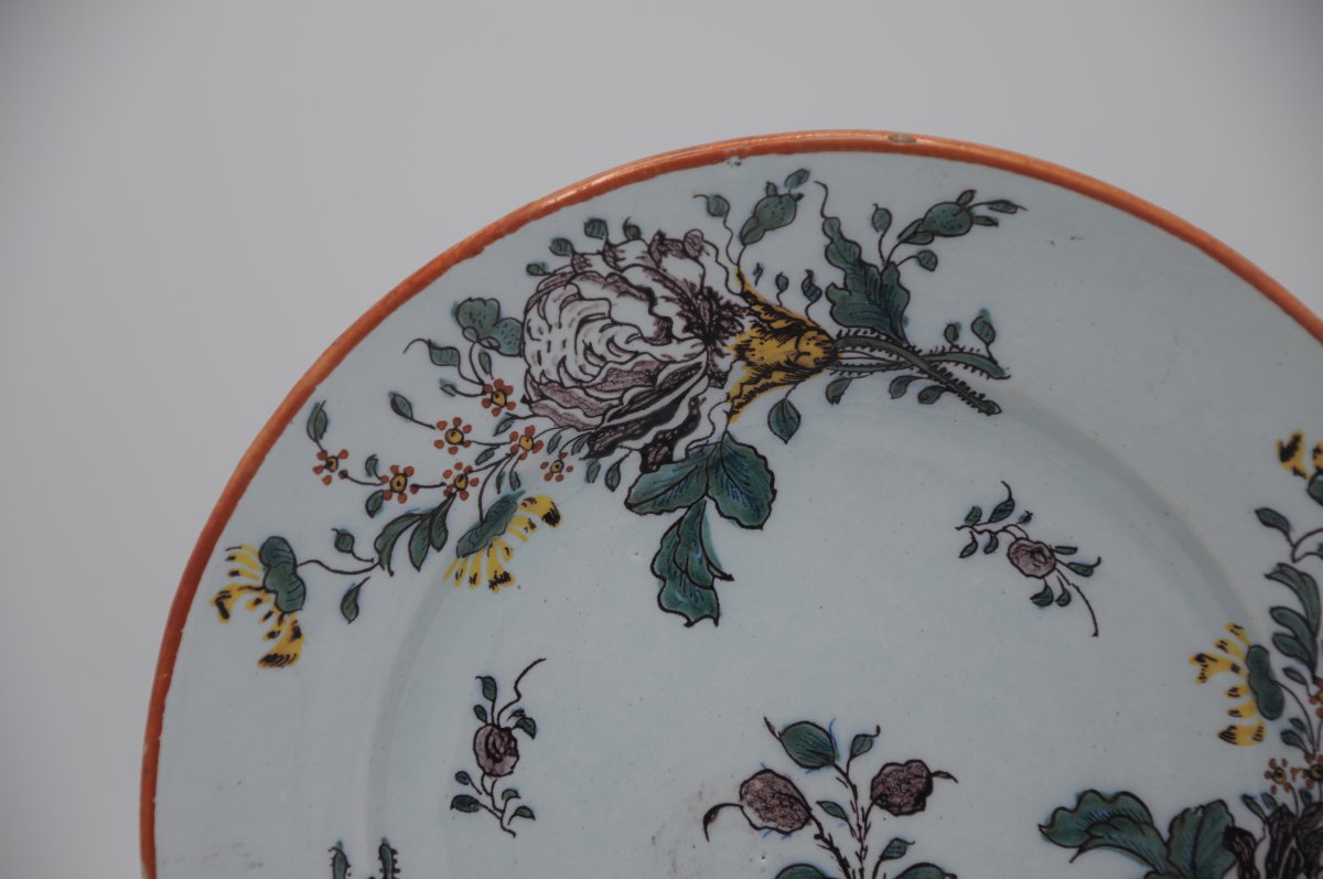 Set Of 4 Polychrome Delft Earthenware Plates With Floral Decoration, Mid-18th Century-photo-5