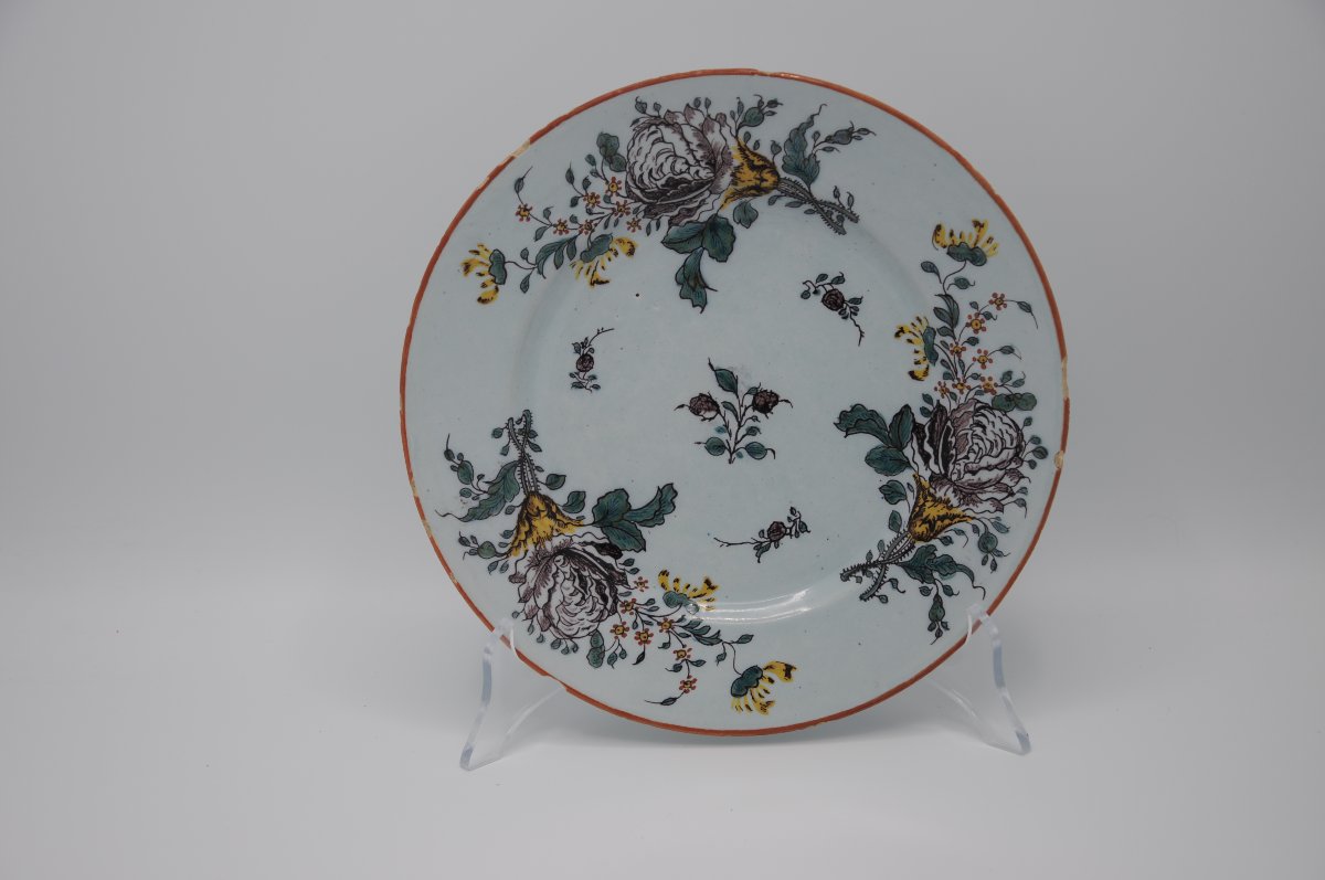 Set Of 4 Polychrome Delft Earthenware Plates With Floral Decoration, Mid-18th Century-photo-6