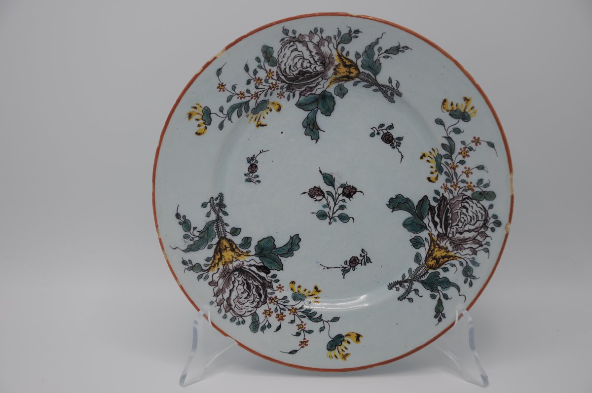 Set Of 4 Polychrome Delft Earthenware Plates With Floral Decoration, Mid-18th Century-photo-7