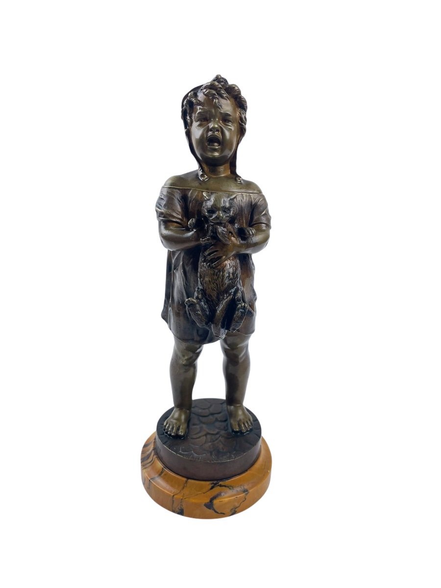 Bronze 'little Girl With A Cat' By Léon Pilet (1840-1916)-photo-1