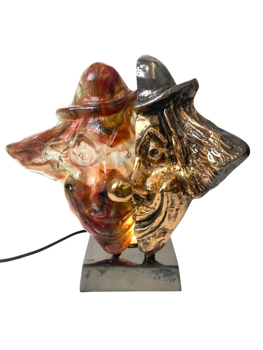 Yves Lohe Clown Sculpture Lamp (1947) In Glass Paste And Bronze