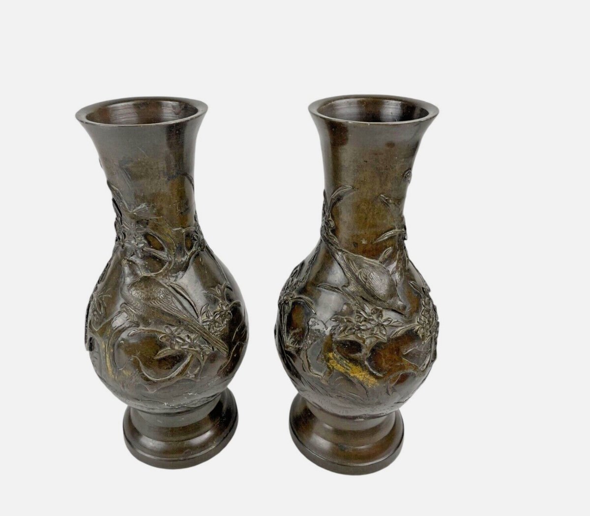 Pair Of Japanese Meiji Bronze Vases By Nippon Kyoto Yosh -photo-2