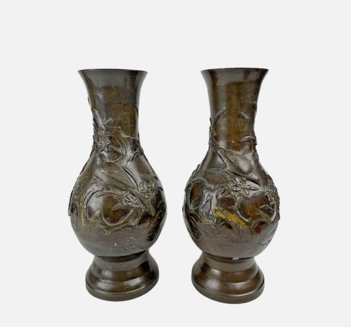 Pair Of Japanese Meiji Bronze Vases By Nippon Kyoto Yosh 