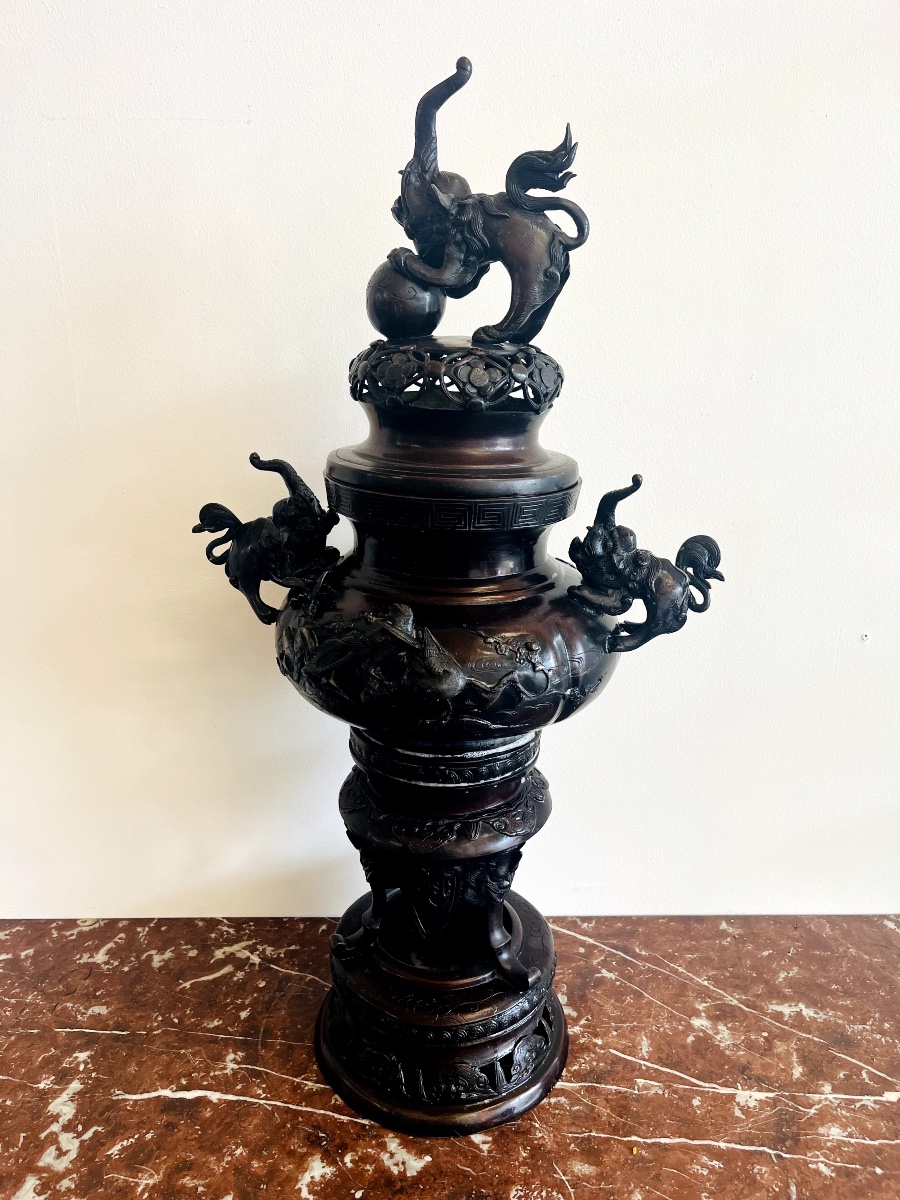 Asian Two-handled Bronze Incense Burner With Brown Patina-photo-4