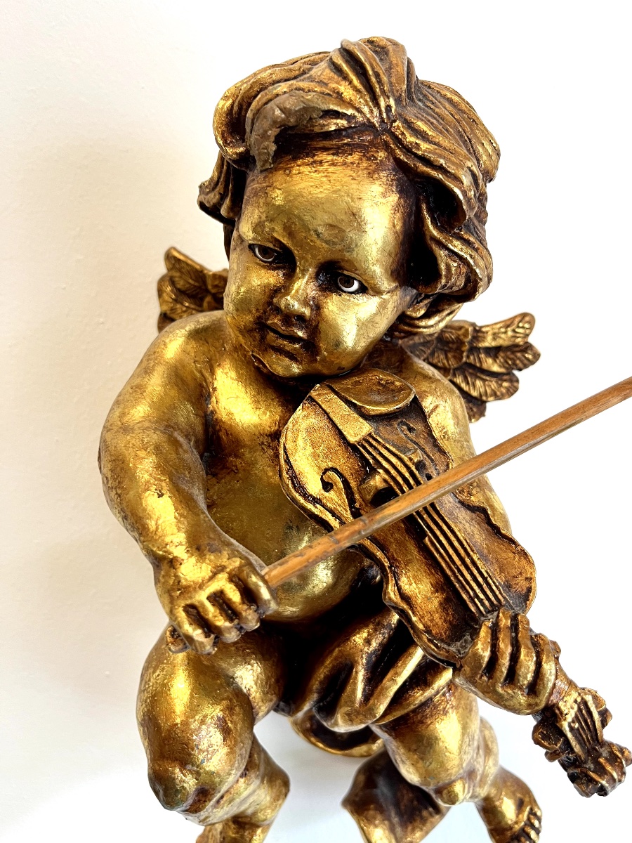 Cherub Violinist In Carved Gilded Wood-photo-2