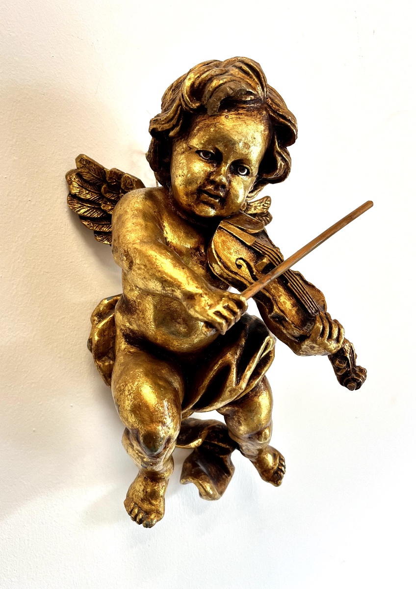 Cherub Violinist In Carved Gilded Wood-photo-4