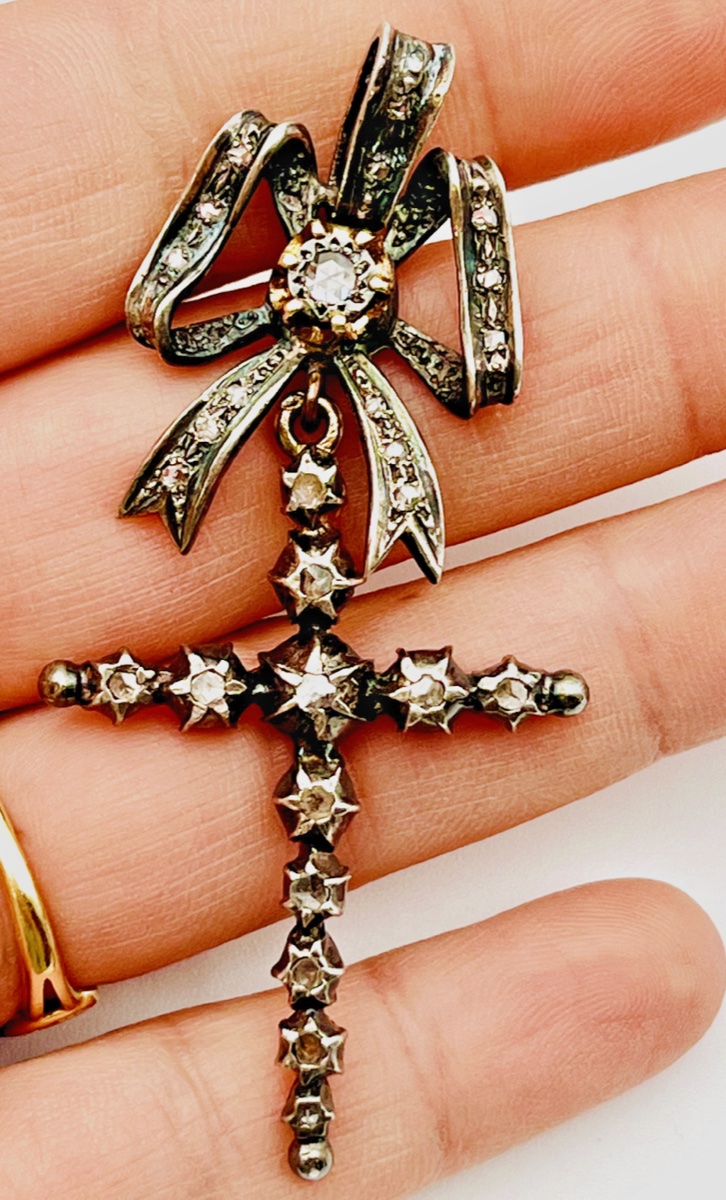 Antique Marie-antoinette Cross Gold Silver And Diamonds-photo-2