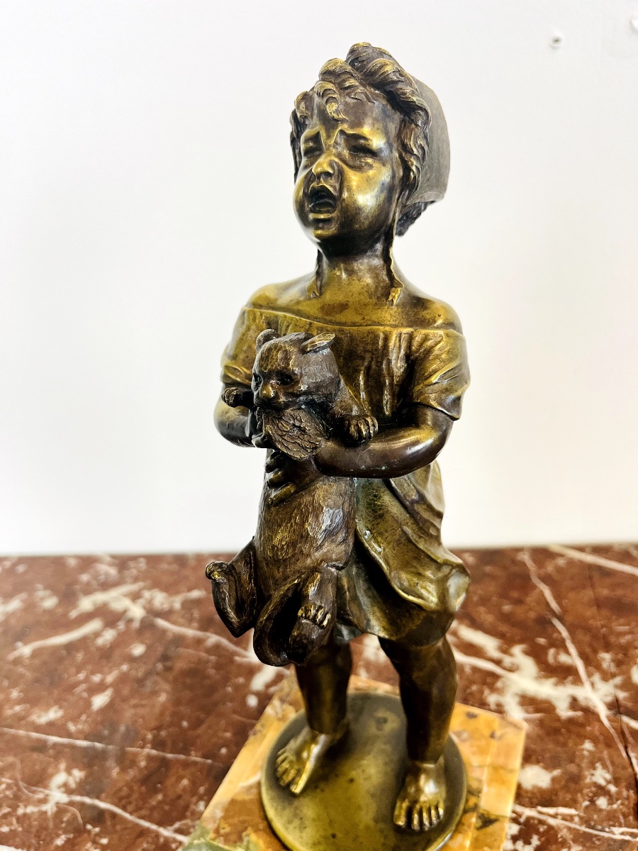 Bronze “the Little Girl With The Cat” By Léon Pilet (1840–1916)-photo-1