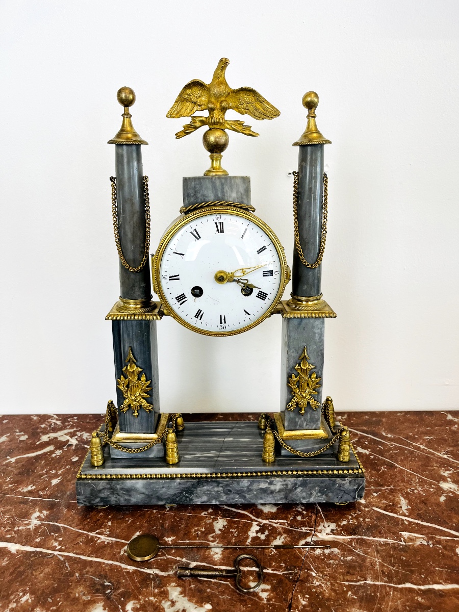 Louis XVI Portico Clock In Blue Turquin Marble And Gilt Bronze 