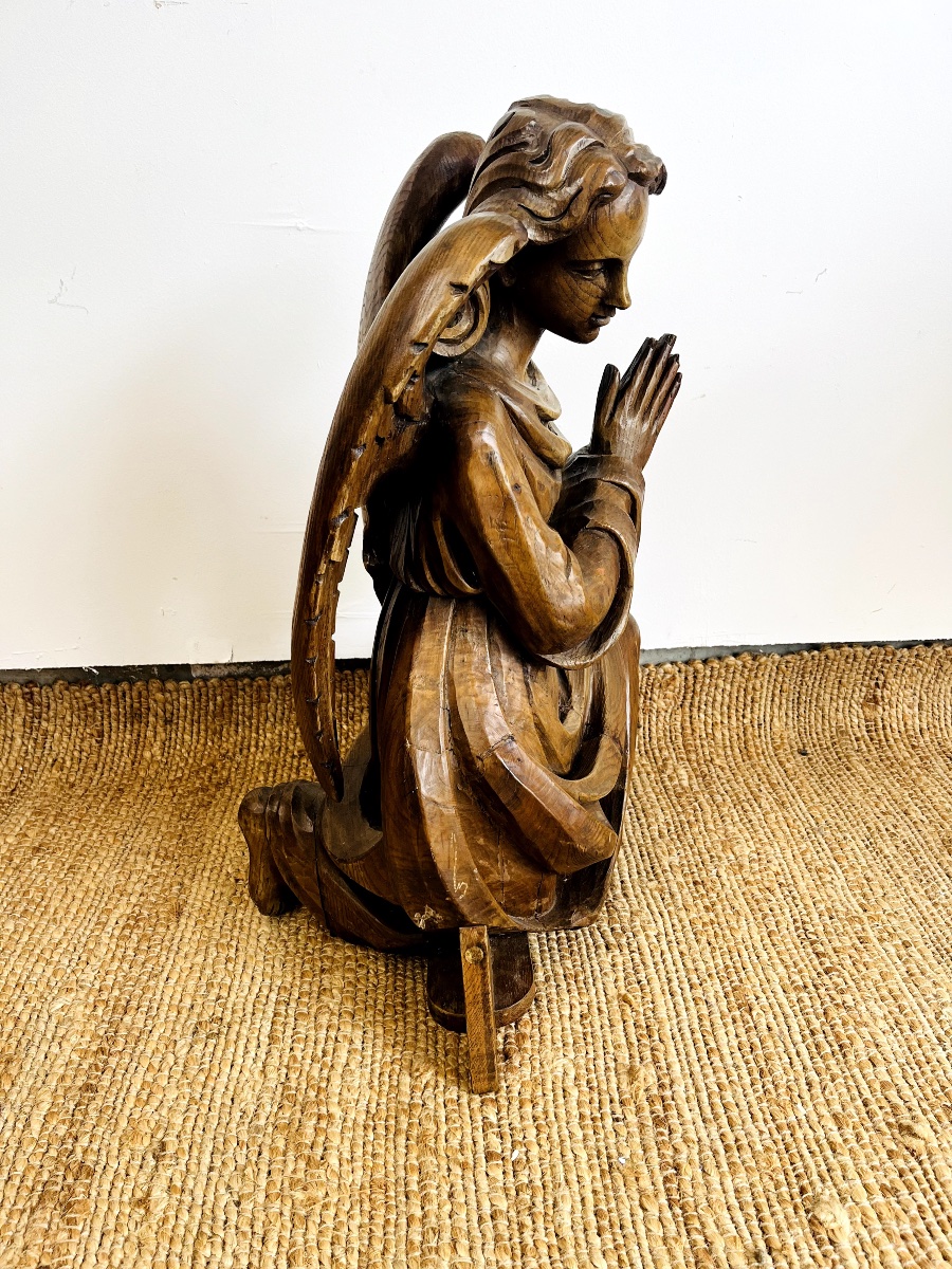 Imposante Sculpture D’ange En Bois Sculpté -photo-2