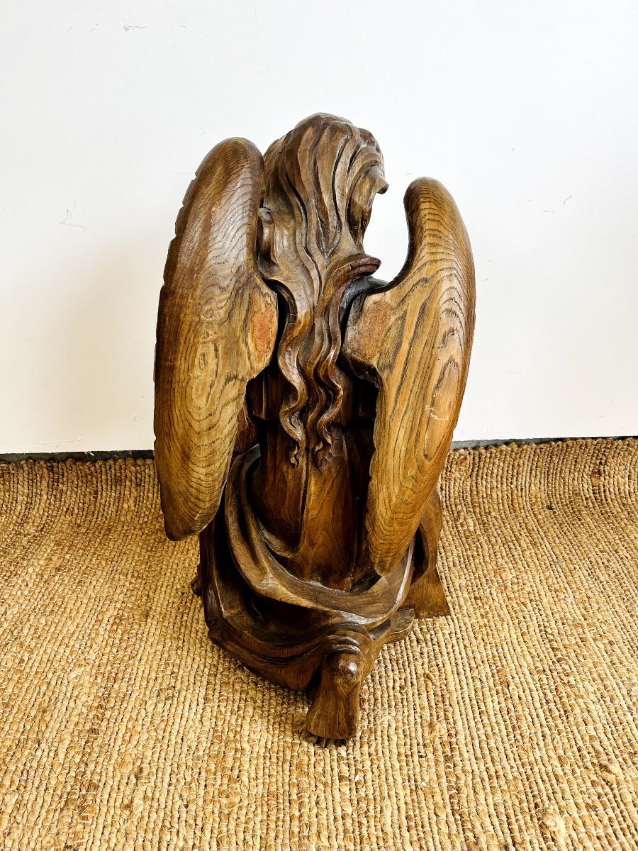 Imposante Sculpture D’ange En Bois Sculpté -photo-3