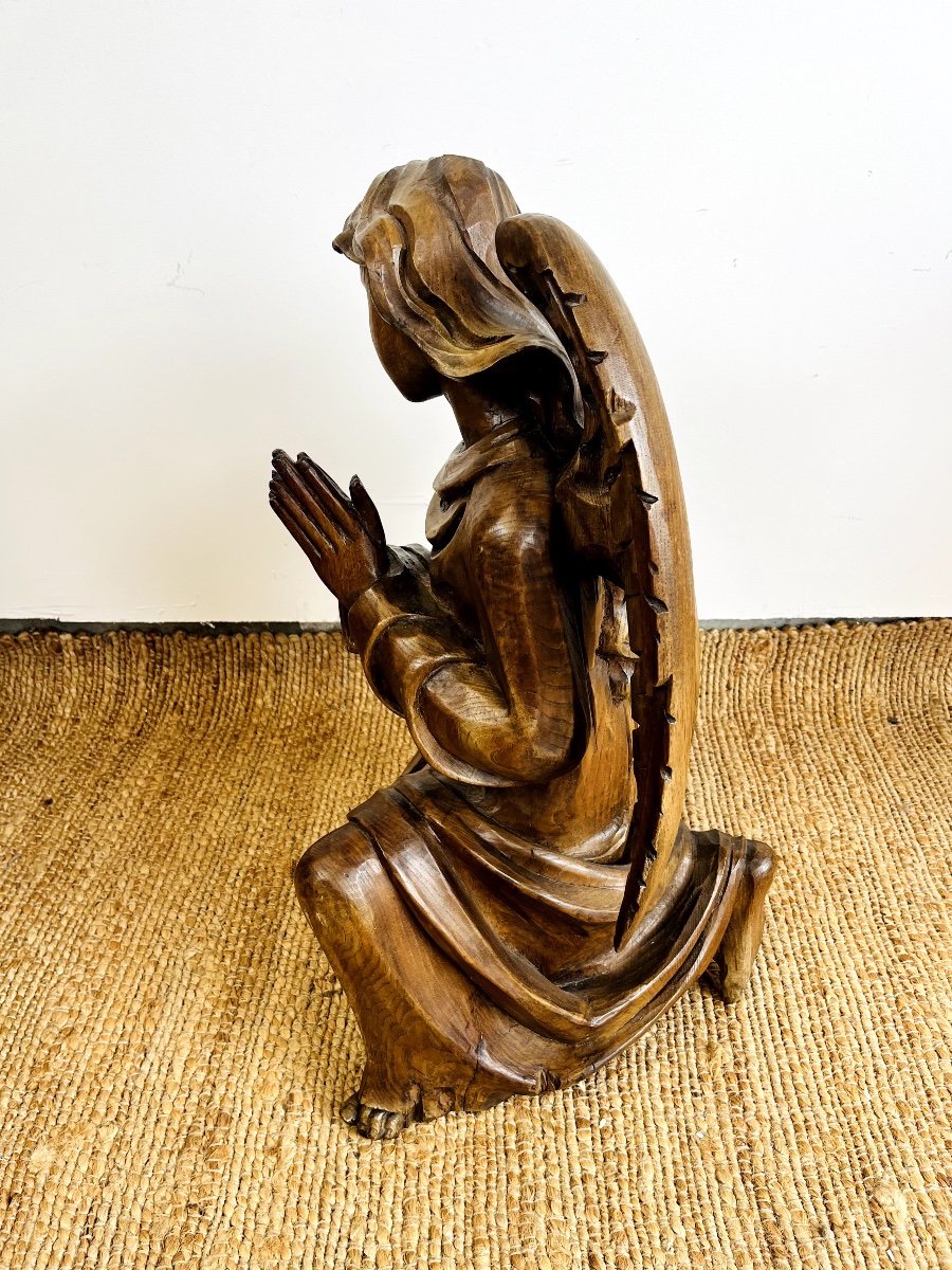 Imposante Sculpture D’ange En Bois Sculpté -photo-1