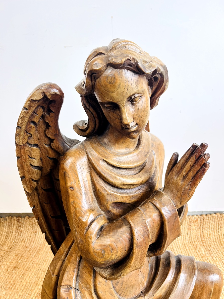 Imposante Sculpture D’ange En Bois Sculpté -photo-2