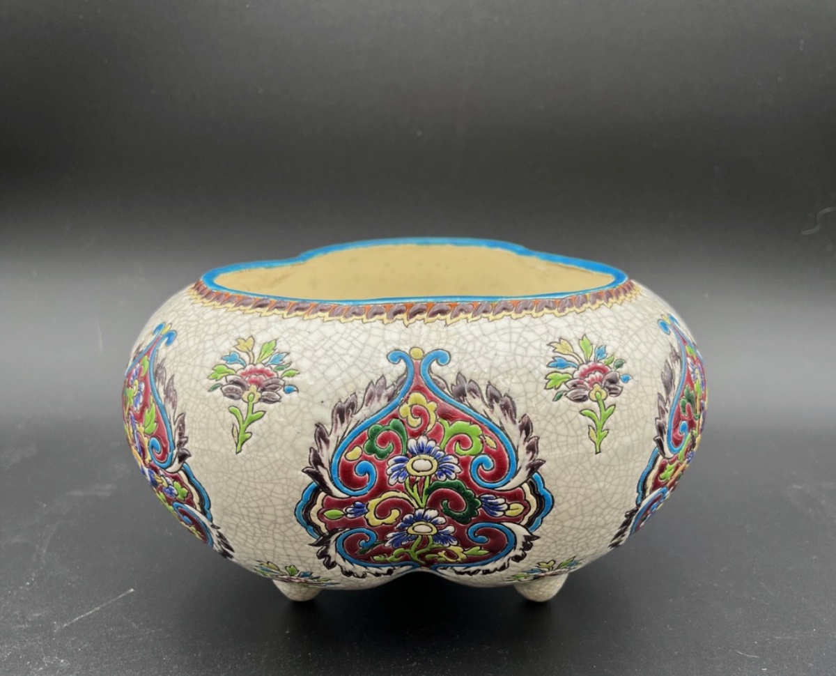 Late 19th Century Glazed Earthenware Flowerpot, Longwy Enamel Style --photo-2