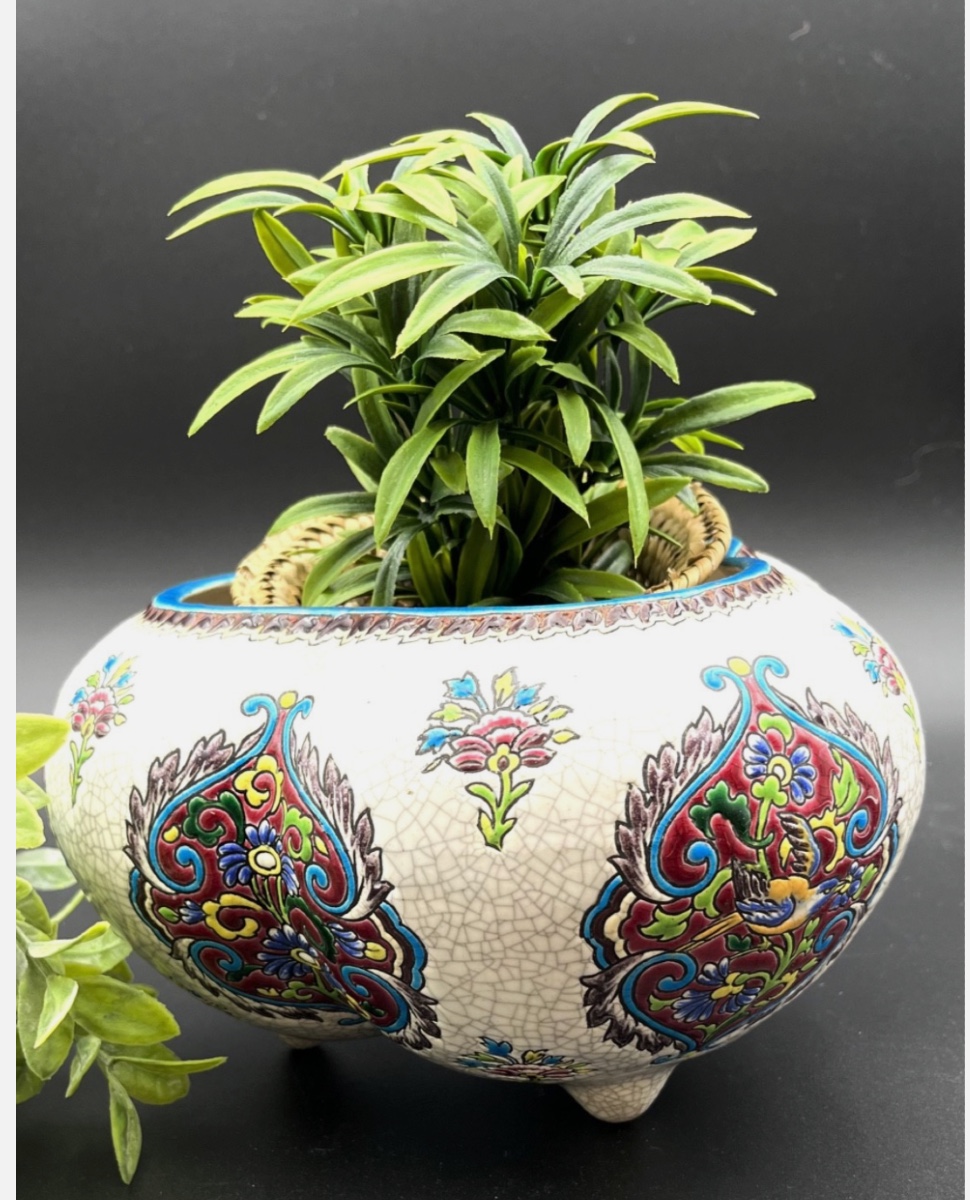 Late 19th Century Glazed Earthenware Flowerpot, Longwy Enamel Style -