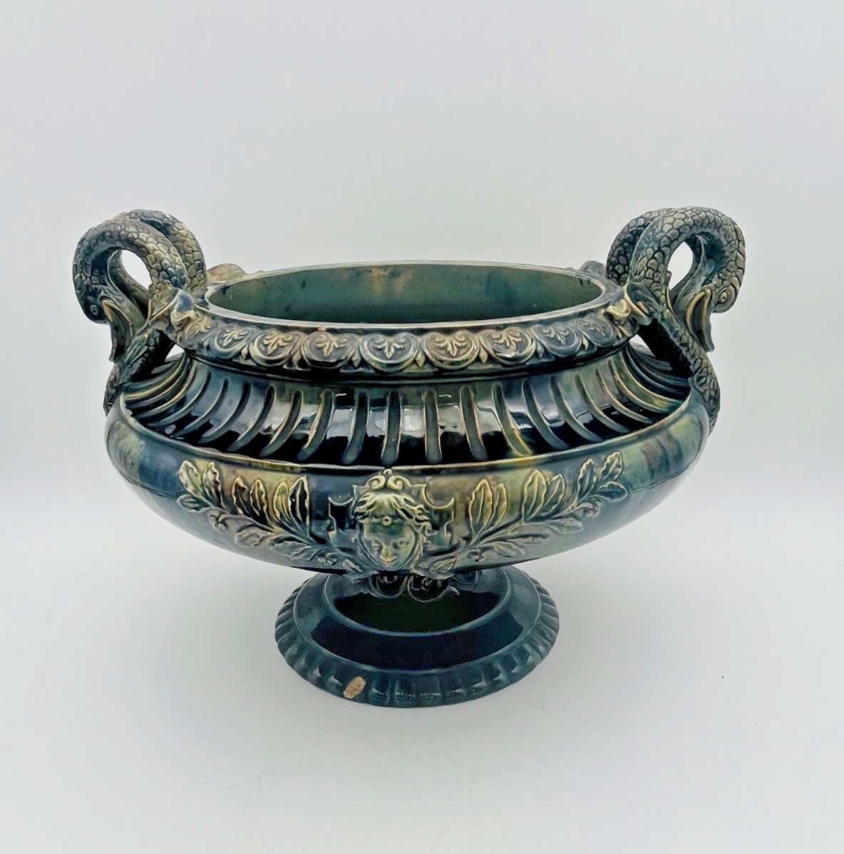 Large Footed Bowl In Green And Blue Glazed Ceramic -photo-2