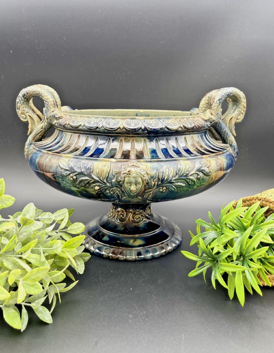 Large Footed Bowl In Green And Blue Glazed Ceramic 