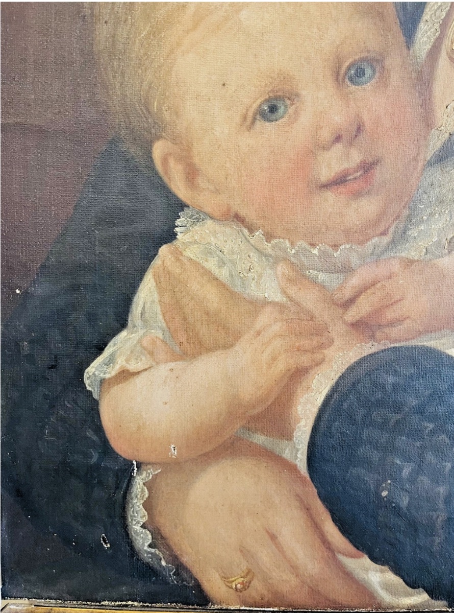 Peinture huile sur toile – Portrait femme et enfant XIXe-photo-2