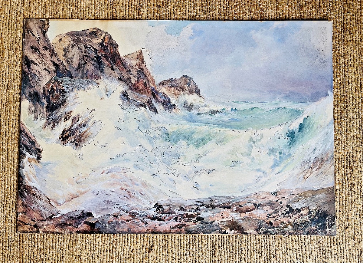 Watercolor Maurice Perronnet (1877-1950) Wave Breaking Against A Rock-photo-2