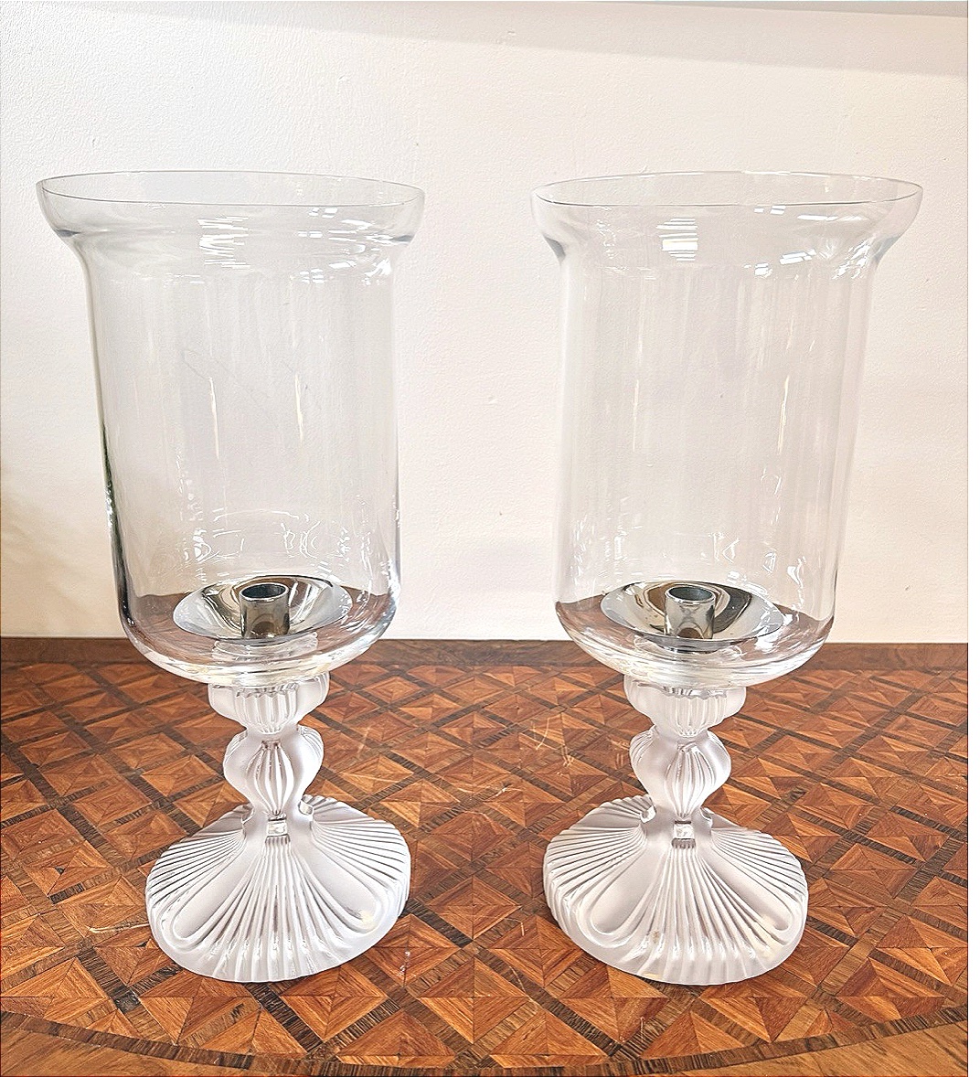 Pair Of Lalique France Crystal Tealight Holders – “ouragan” Model-photo-3
