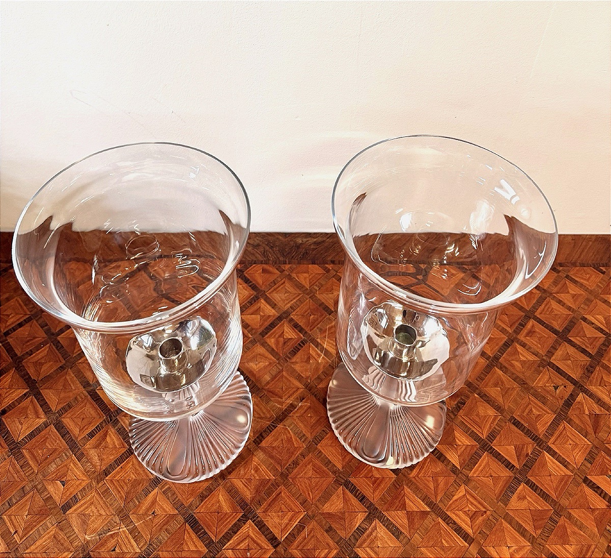 Pair Of Lalique France Crystal Tealight Holders – “ouragan” Model-photo-2