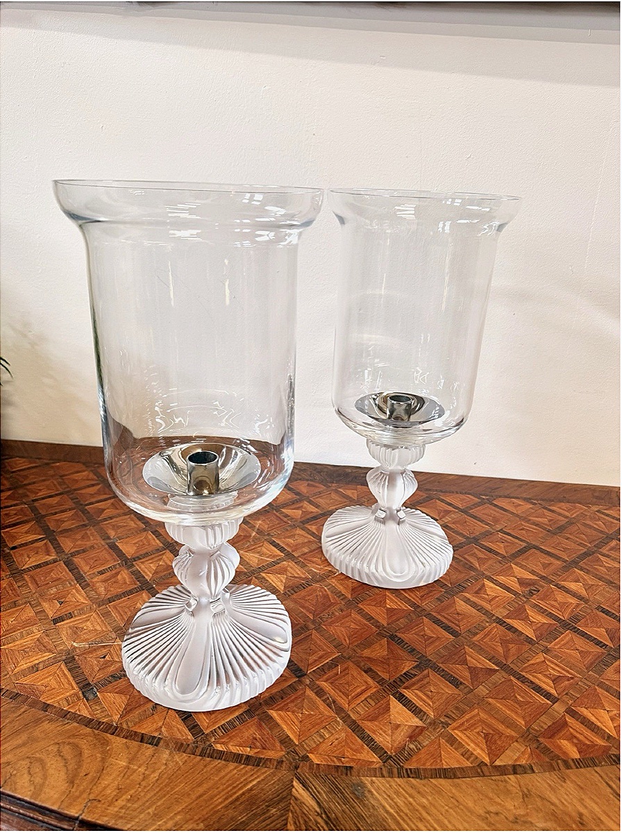 Pair Of Lalique France Crystal Tealight Holders – “ouragan” Model-photo-3