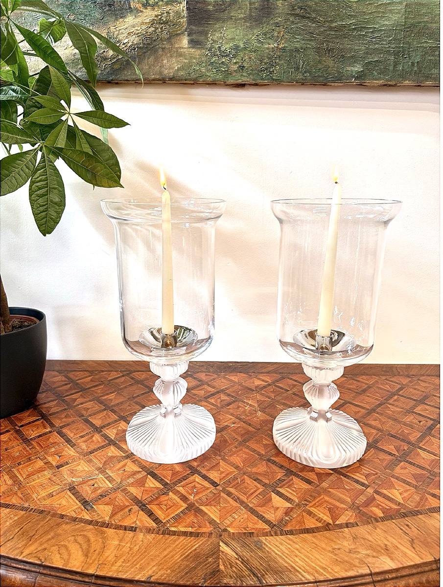 Pair Of Lalique France Crystal Tealight Holders – “ouragan” Model