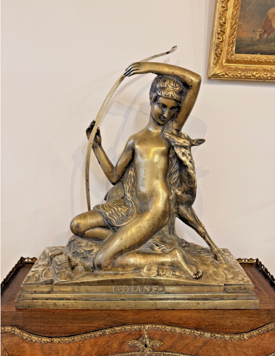Art Deco Bronze – Diana The Huntress With Bow And Fawn By Charles Eugène Breton