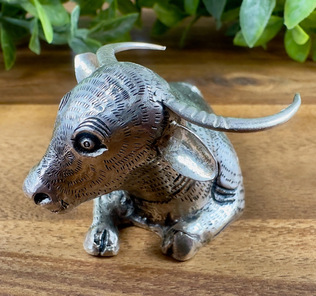 Solid Silver Reclining Bull Statuette -photo-2