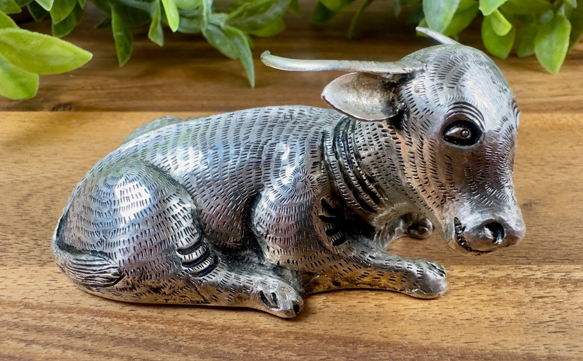 Solid Silver Reclining Bull Statuette 