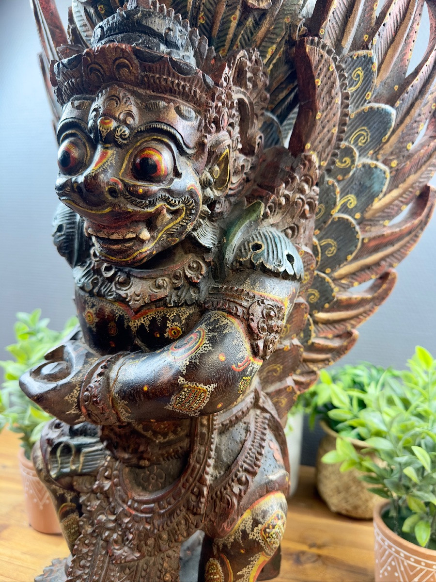 Garuda Statue In Polychrome Carved Wood-photo-3