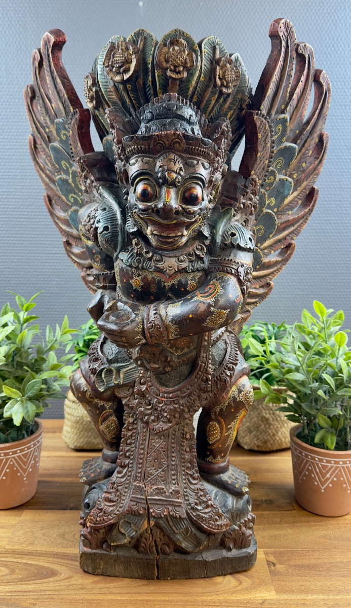 Garuda Statue In Polychrome Carved Wood