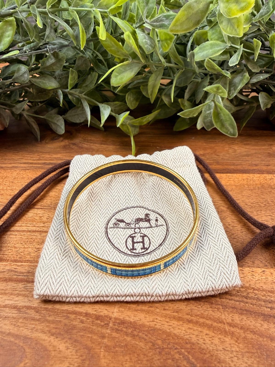 Hermès Bangle Bracelet In Blue Enamel And Gold-tone Metal -photo-4