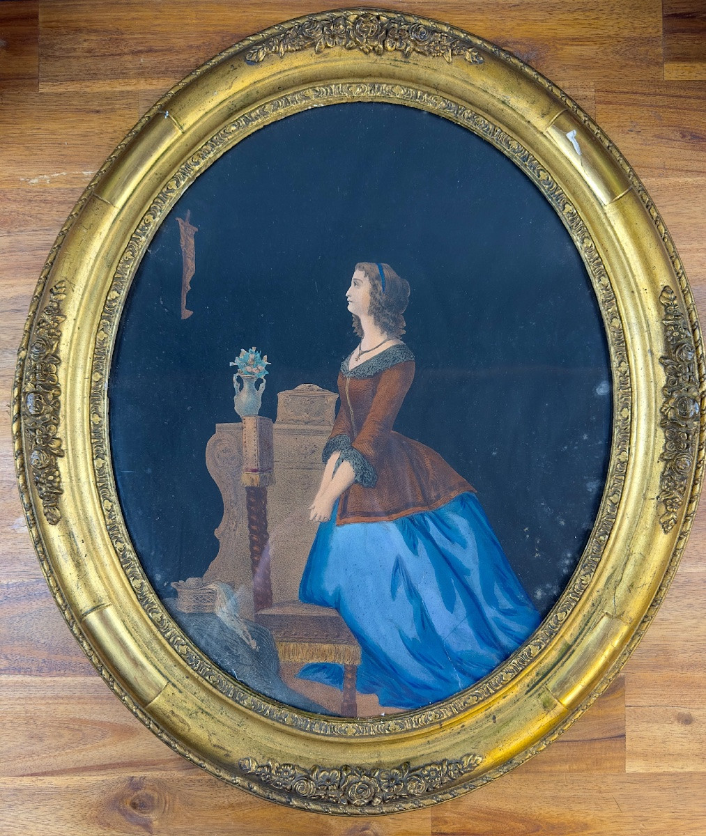 Antique Lithograph Of A Woman In Prayer – Gilded Oval Frame-photo-2