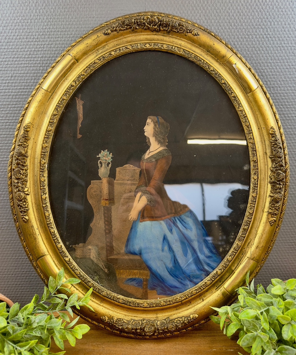 Antique Lithograph Of A Woman In Prayer – Gilded Oval Frame