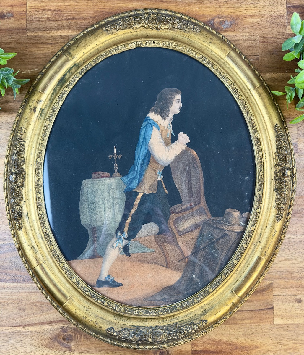 Antique Lithograph Of A Man In Prayer – Gilded Oval Frame-photo-2