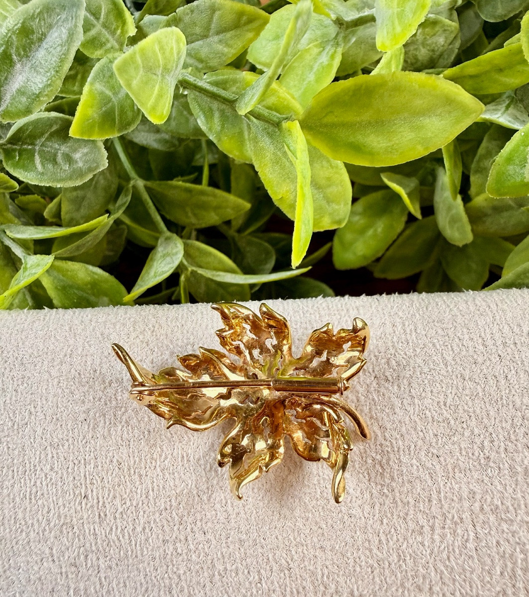 Broche en or 18K avec strass en forme de feuille-photo-2