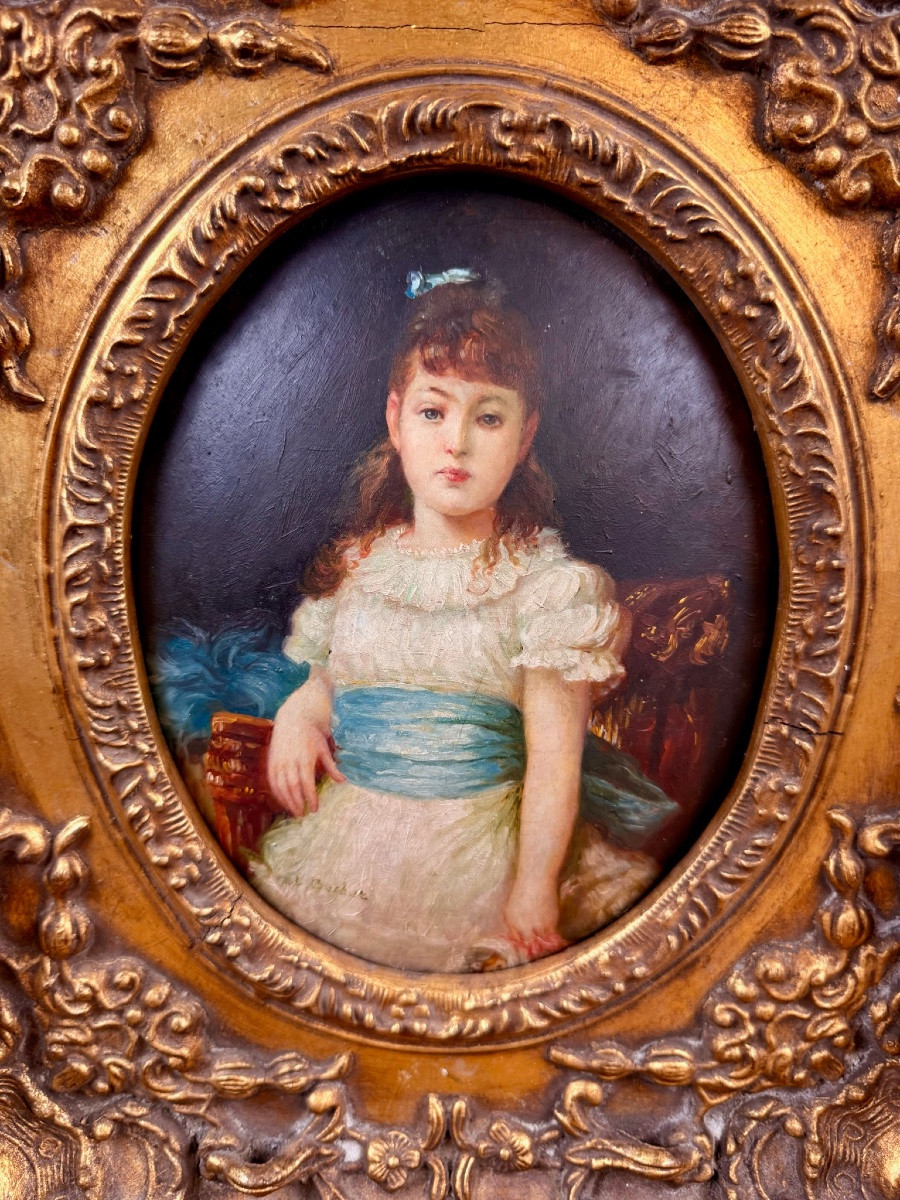 Peinture ancienne sur bois signée Becker (?) – Portrait enfant-photo-2