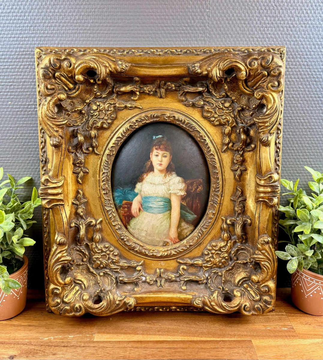 Peinture ancienne sur bois signée Becker (?) – Portrait enfant