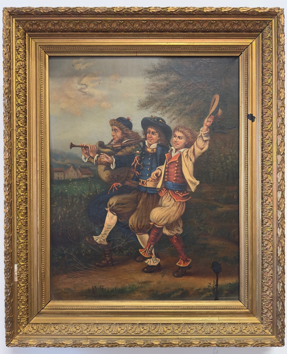 Oil On Canvas, 19th Century – Genre Scene With Costumed Musicians