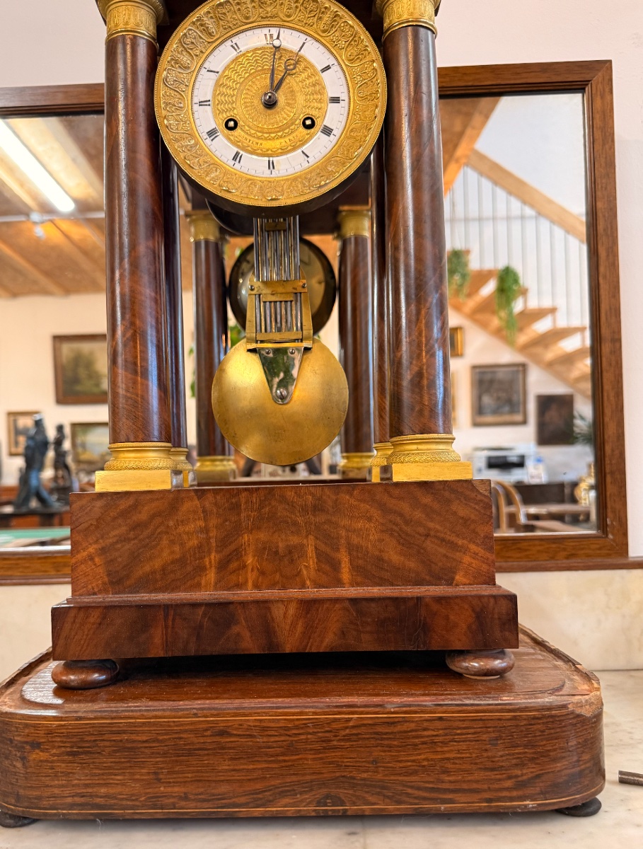 Empire Style Portico Clock In Mahogany And Gilt Bronze Under Globe-photo-1