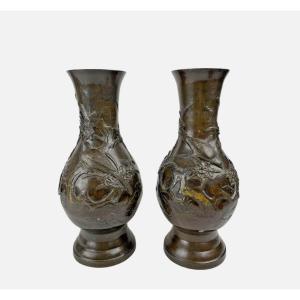 Paire De Vase Japonais En Bronze Meiji Par Nippon Kyoto Yosh 