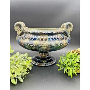 Grande coupe sur pied en céramique émaillée vert et bleu 