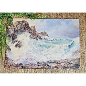 Aquarelle Maurice Perronnet (1877-1950) Vague déferlant contre un rocher
