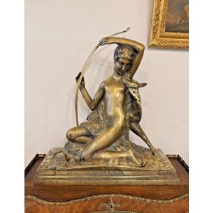 Art Deco Bronze – Diana The Huntress With Bow And Fawn By Charles Eugène Breton
