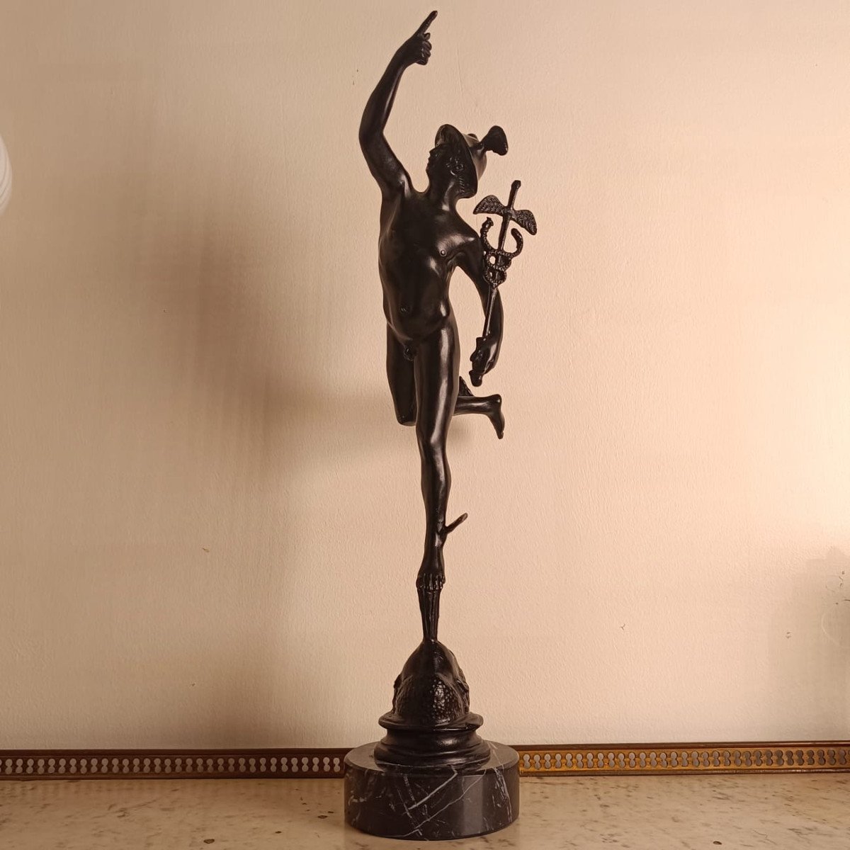 Souvenir Du Grand Tour, Giambologna, D’après, Mercure Volant Sur Base En Marbre