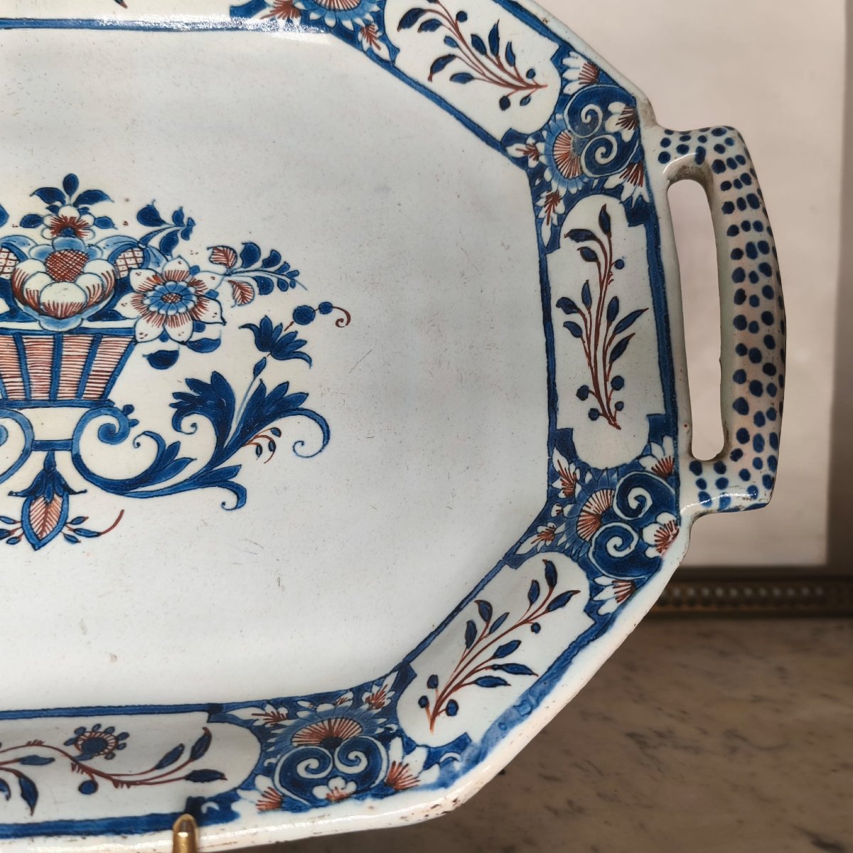 Rouen, 18th Century, Octagonal Basket With Blue And Red Decoration-photo-4